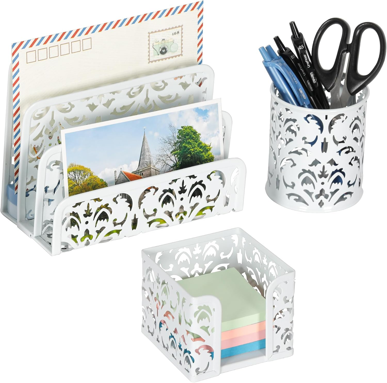 Desk Organizers and Accessories 3 Pieces Office Organizer Set - Pen Holder for Desk, Mail Sorter Countertop and Sticky Note Holder, White