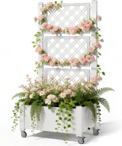 60" Raised Garden Bed with Trellis & Wheels, Vertical Gardening Planter Box with Water Level Indicator and Drainage System for Garden Outdoor Patio Balcony