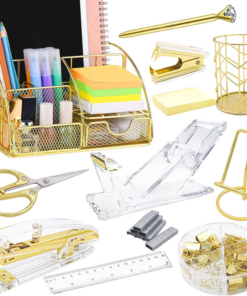 Gold Desk Organizers,Desk Accessories,Office Supplies Set,13Ps Set with Acrylic Stapler,Tape Dispenser,Staple Remover,Pen Holder,Clips,Scissor, Phone Holder,Pen